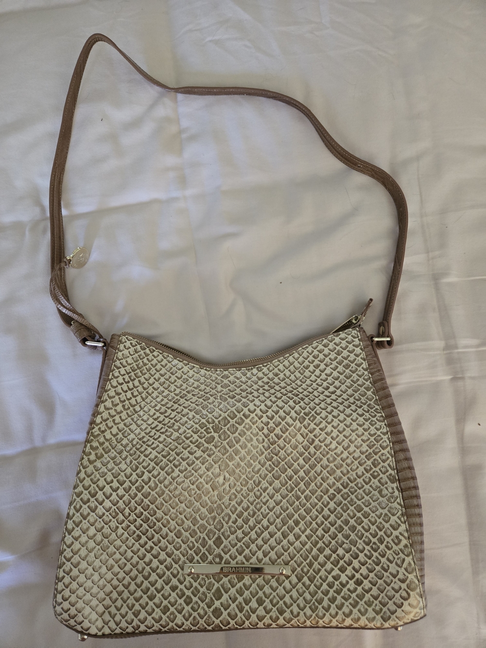Brahmin Beige Taupe Snake-Embossed Shoulder Bag